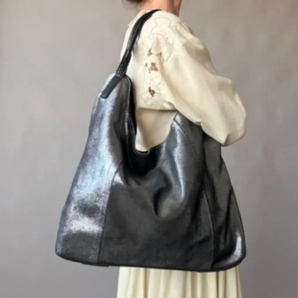 Vintage Sondra Roberts Metallic Pewter Hobo Bag - Oversized